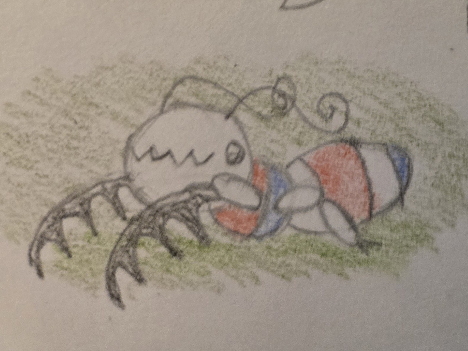 A small bug with white, blue, and red stripes and comb-shaped forelimbs.