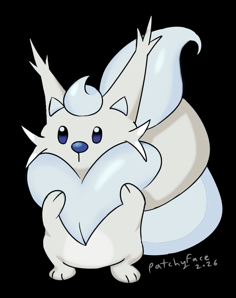 A fluffy white squirrel with a curly tail that looks like an ice cream cone.