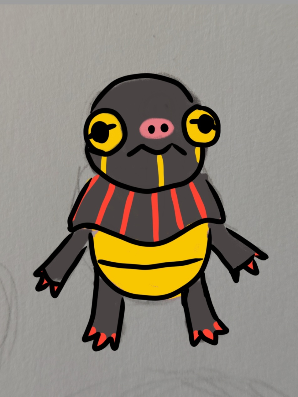A small black, red, and yellow turtle.